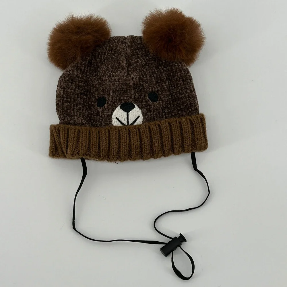 Dog Teddy Bear Winter Hat Brown Pom‎ Pom Beanie Adjustable Chin Strap M/L